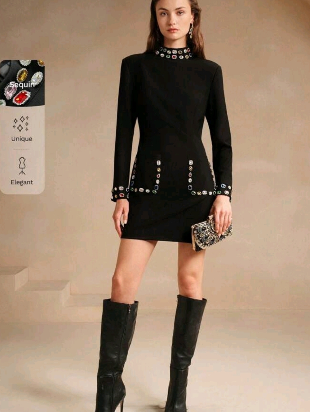 Black Long-Sleeve Jewel-Trim Shift Dress - Picture 5 of 15